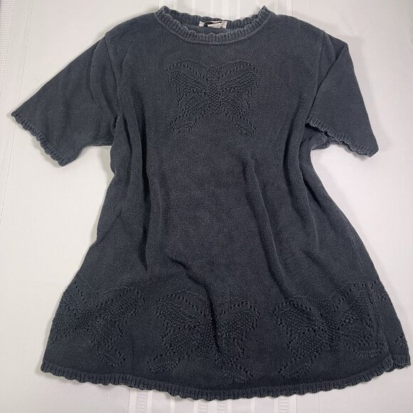 Vintage 90s LEA Knit Tunic Grey Sweater Pointelle Butterfly Boho Large Coquette - Picture 3 of 7